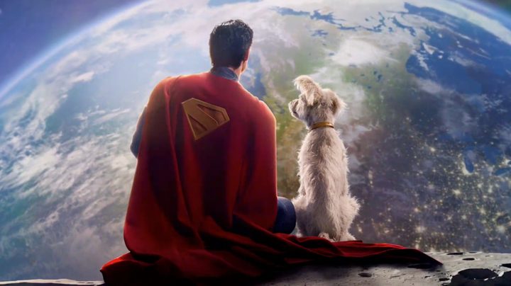 Superman and his dog look at Earth from space.
