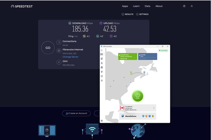 VPN Unlimited correctly selected IKEv2, which was faster than WireGuard for this Canadian server.