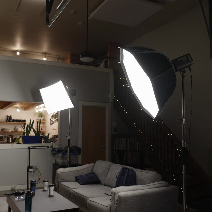 The Digital Trends video studio with spot lights set up.