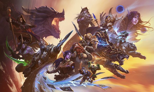 A bunch of Warcraft characters lunging to the right in front of an orange sunset.
