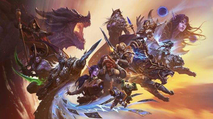A bunch of Warcraft characters lunging to the right in front of an orange sunset.