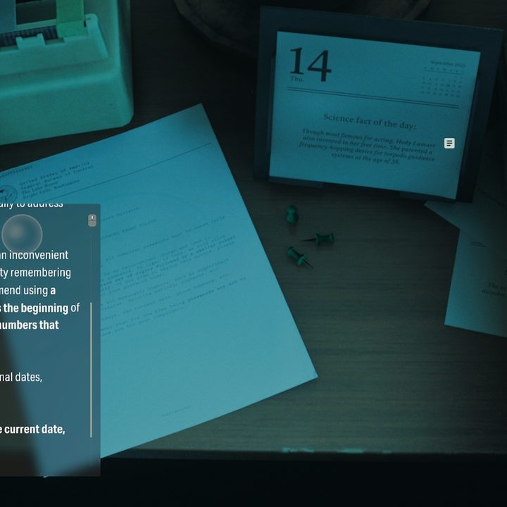 Inspecting a computer password document in Alan Wake 2 The Lake House.