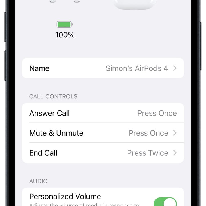 Apple AirPods 4 settings in iOS.