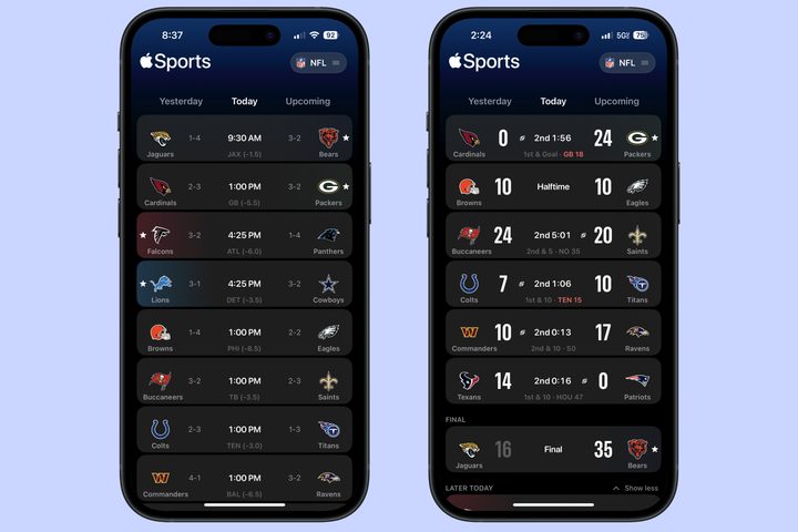 Screenshots of scores on the Apple Sports app.//*--