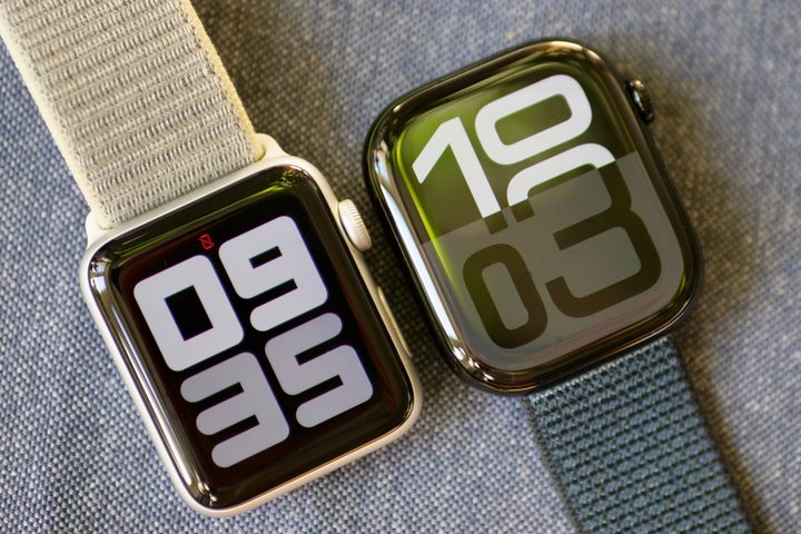 The Apple Watch Series 10 and the Apple Watch Series 3, seen from the front.