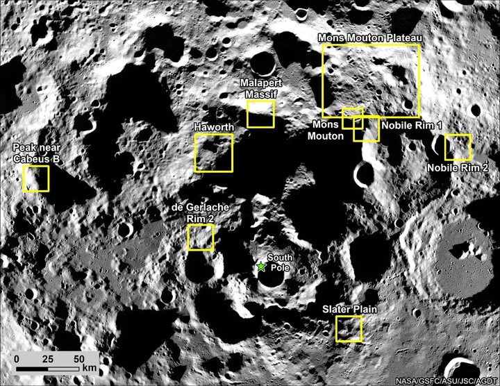 This image shows nine candidate landing regions for NASA’s Artemis III mission, with each region containing multiple potential sites for the first crewed landing on the Moon in more than 50 years. The background image of the lunar South Pole terrain within the nine regions is a mosaic of LRO (Lunar Reconnaissance Orbiter) WAC (Wide Angle Camera) images.