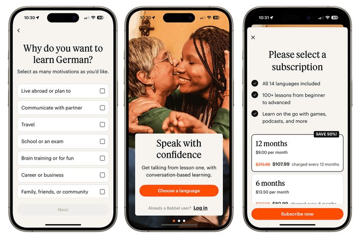 Screenshots showing Babbel app on iPhone.