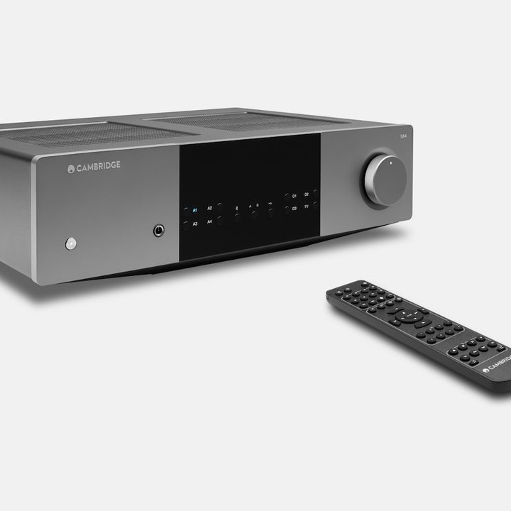 The Cambrige Audio EXA100 Stereo Integrated Amplifier with its remote.