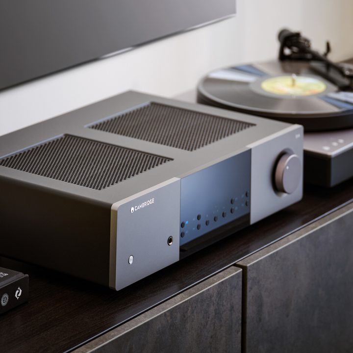The Cambridge Audio EXA100 Stereo Integrated Amplifier with a turntable.