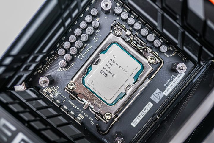 The Core Ultra 5 245K socketed into a motherboard.