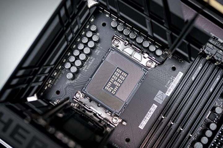 The LGA 1851 socket on a motherboard.