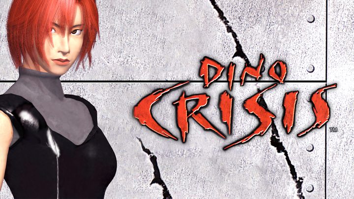 Regina in her red hair staring at the camera next to the Dino Crisis logo
