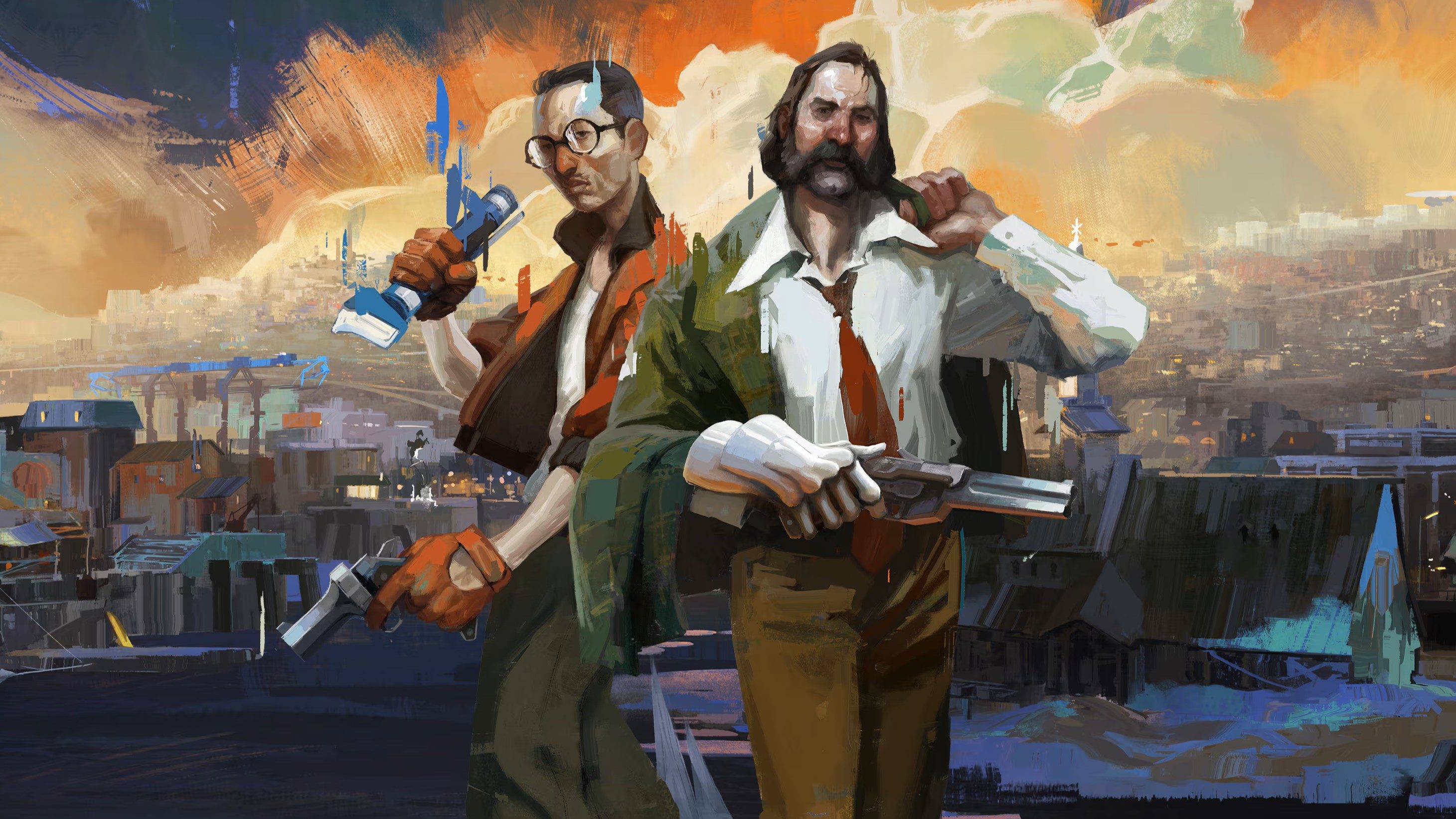 هاري وكيم من لعبة Disco Elysium يقفان أمام سماء مشرقة بضوء الشمس.