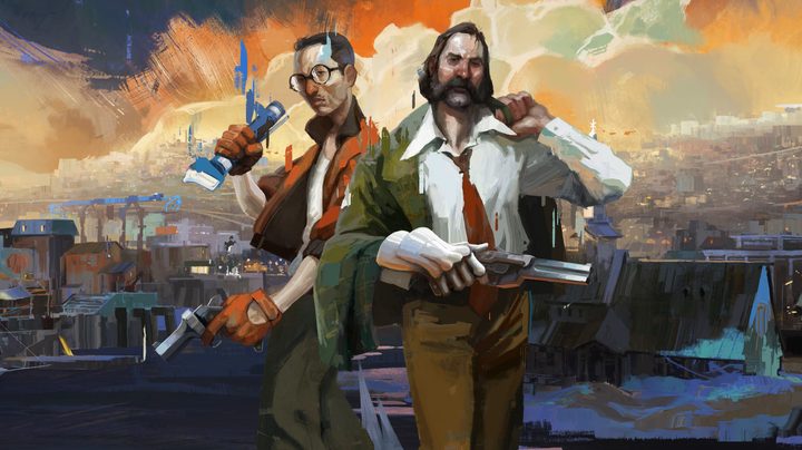 DIsco Elysium's Harry and Kim posing in front of a sunlit sky.