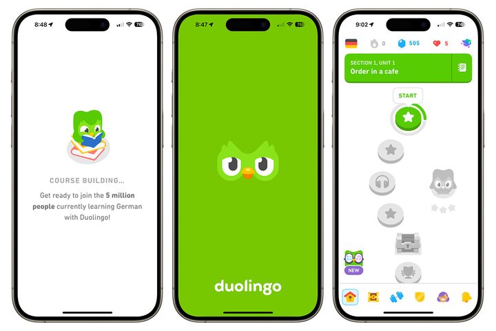 Screenshots showing Duolingo app for iPhone.