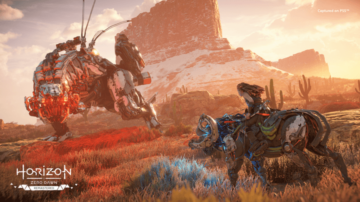 Aloy faces down a Thunderjaw in Horizon Zero Dawn Remastered.
