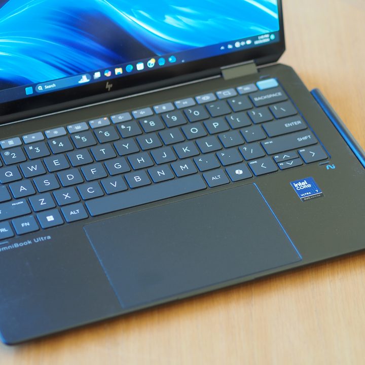 HP OmniBook Ultra Flip 14 top down view showing keyboard and touchpad.