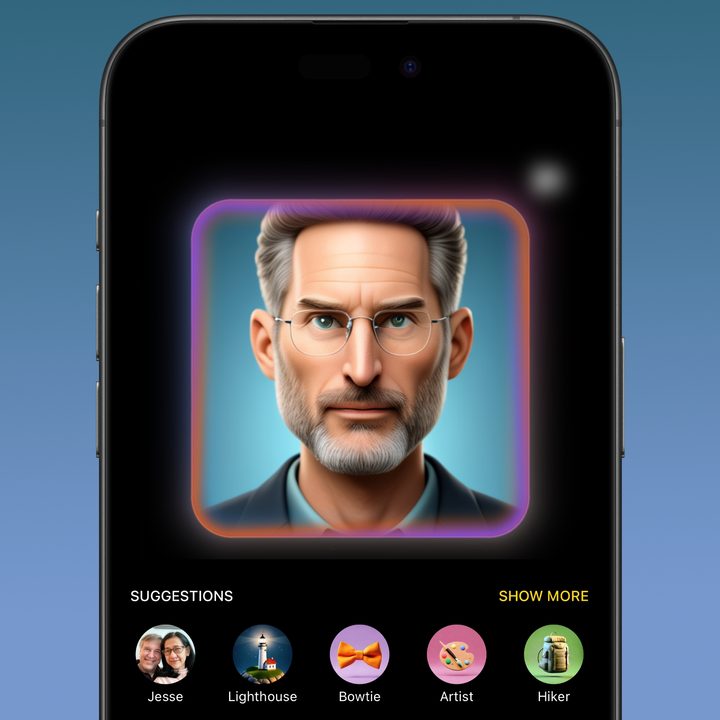 An iPhone showing an Apple Intelligence rendering of Steve Jobs in the Image Playground app.