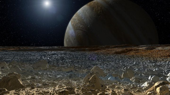 This artist's impression shows a simulated view from the frigid surface of Jupiter's moon, Europa, where temperatures drop to minus 170 degree Celsius.