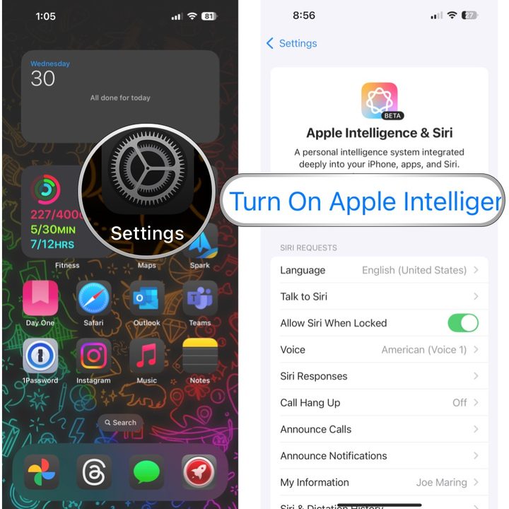 Open Settings, select Apple Intelligence & Siri, select Turn on Apple Intelligence