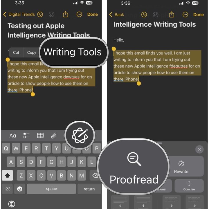 Select text, select Writing Tools from menu, select Proofread.