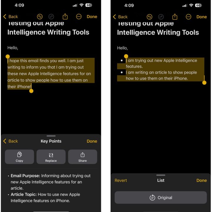 Viewing the key points and list options for summaries with Apple Intelligence.