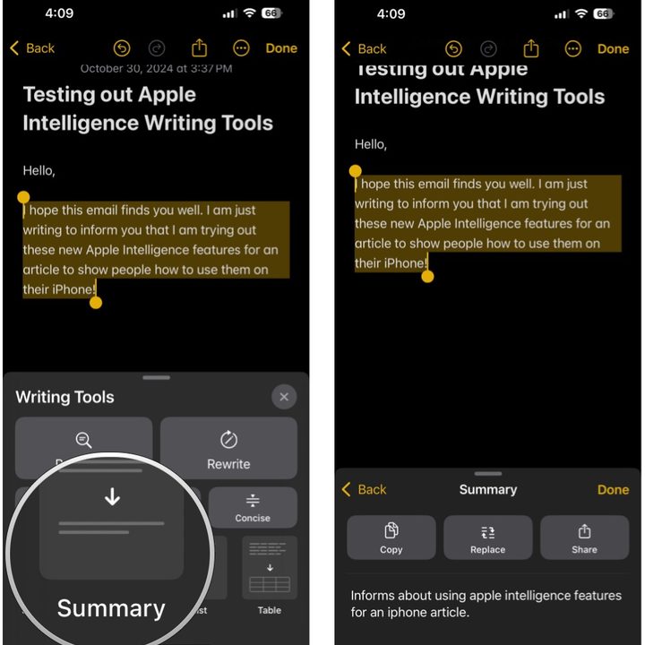 Select text, select Writing Tools, select Summary option.