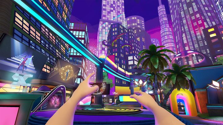 A player wanders through Dancity in Just Dance VR.