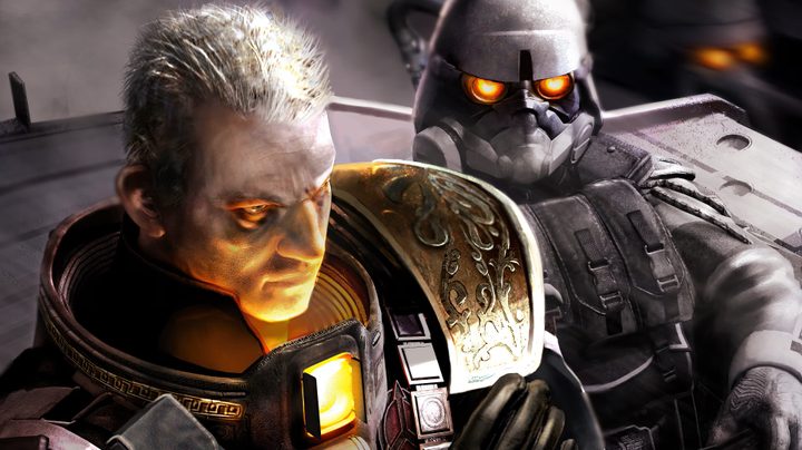 Two men standing next to each other in Killzone: Liberation. One is in a full suit with glowing eyes and the other is in armor with white hair.