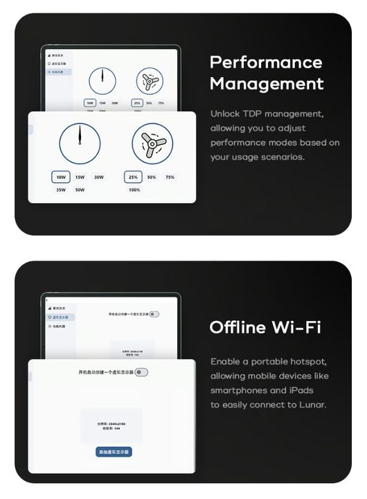 Power management and offline Wi-Fi features in the Lunar keyboard mini-PC.