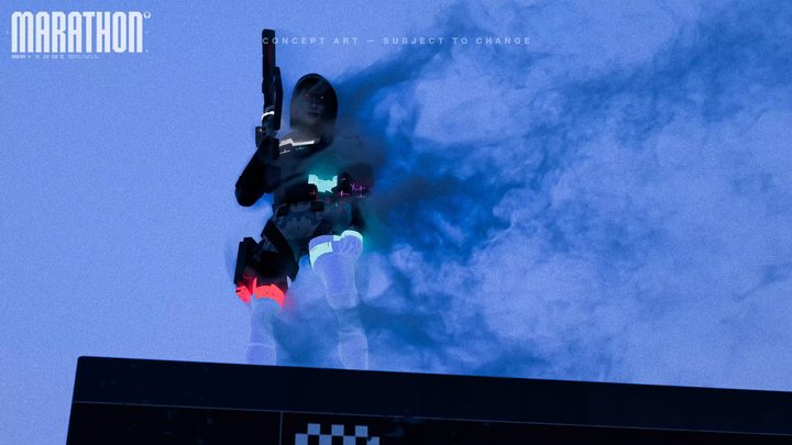 A Marathon character called Stealth standing on a high platform in smoke. They're carrying a gun and are wearing a mask.