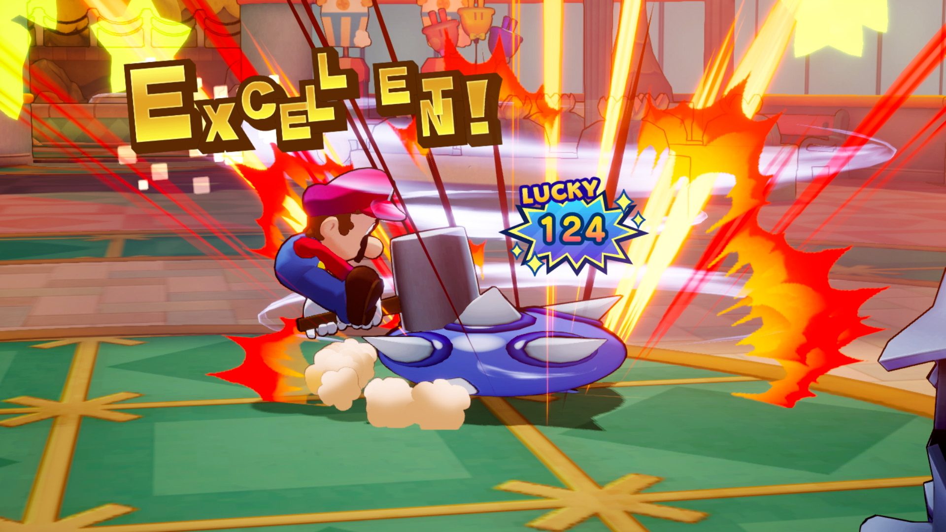 Mario smashes a spikey enemy with a hammer in Mario & Luigi: Brothership.