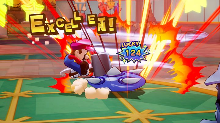 Mario smashes a spikey enemy with a hammer in Mario & Luigi: Brothership.