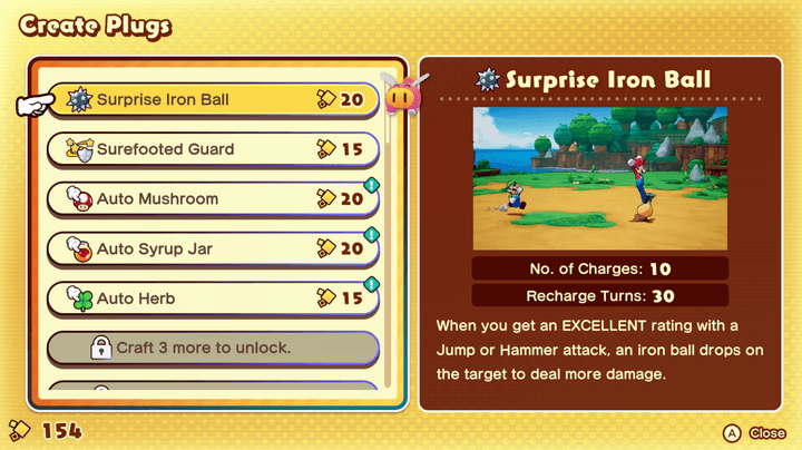 A Mario and Luigi Brothership menu shows how to craft plugs.
