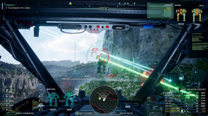 Laser flash out, illuminating the opening of a cave from the view of a cockpit.
