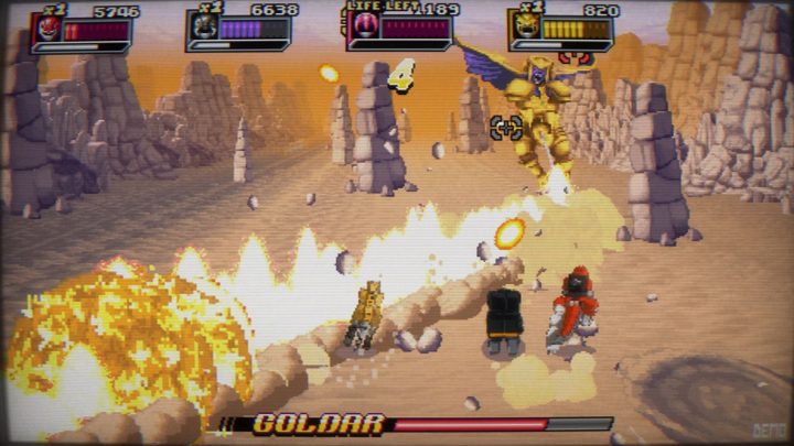 Zoids shoot at Goldar in Mighty Morphin Power Rangers: Rita's Rewind.