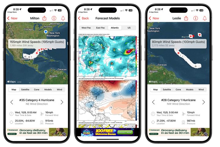 Screenshots showing the Hurricane Tracker app.