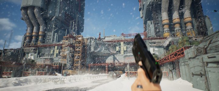 A man holds a handgun in Neo Berlin 2087.