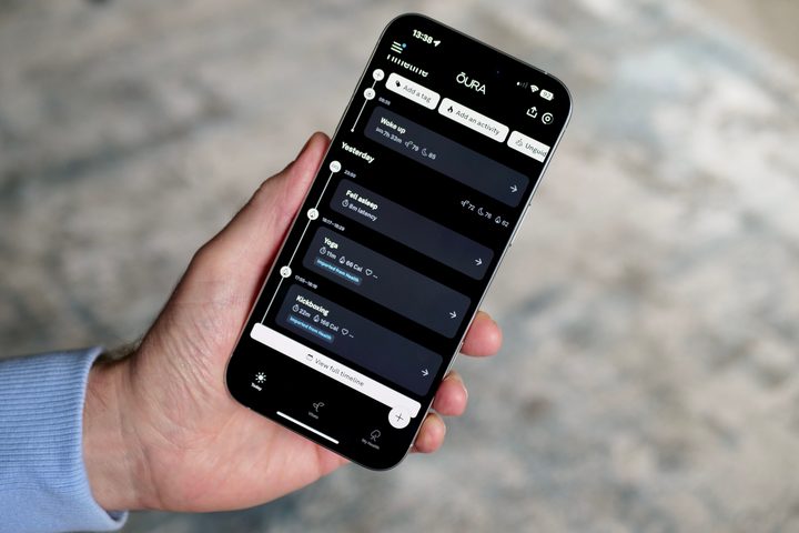 The Oura Ring app on an iPhone 16 Pro Max, showing the Timeline.