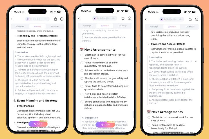 Three screenshots showing the AI-powered summaries feature on the Plaud NotePin