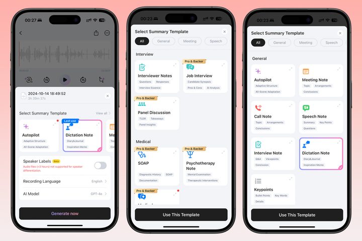 Three screenshots showing the template options for the AI-powered summaries feature on the Plaud NotePin
