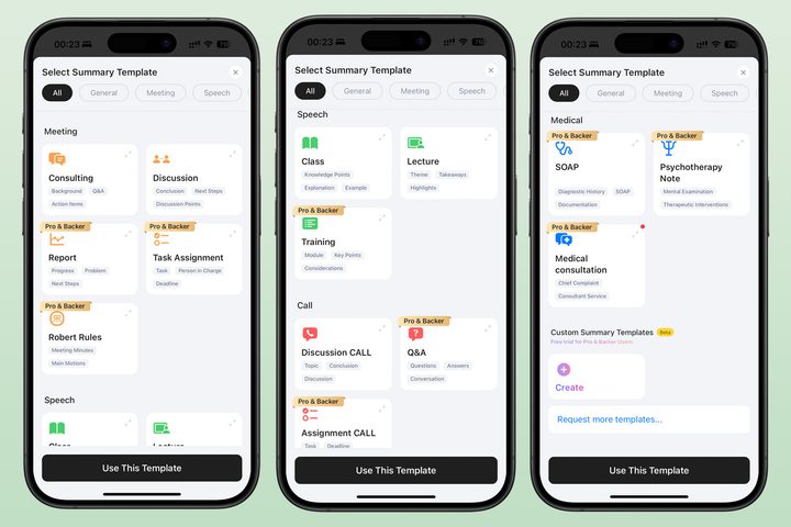 Three screenshots showing the template options for the AI-powered summaries feature on the Plaud NotePin