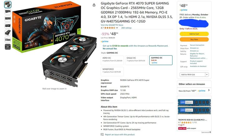 A listing for the RTX 4070 Super on Amazon.