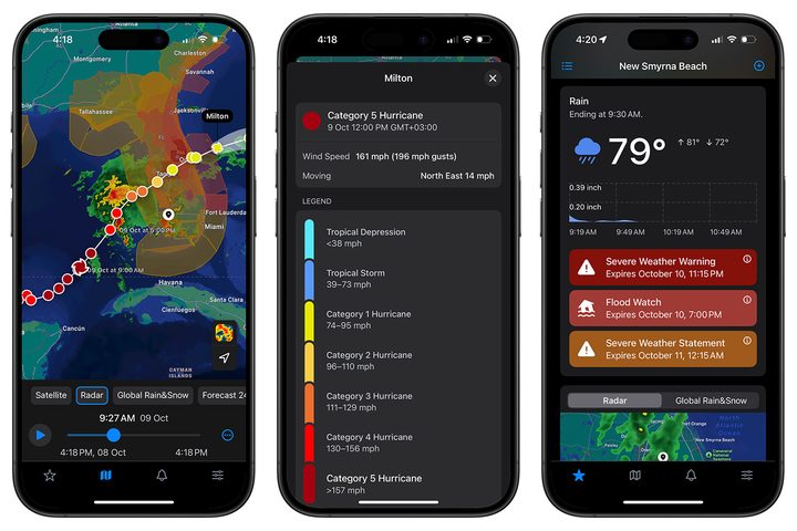 Screenshots showing RainViewer app on iPhone (hurricane screens).