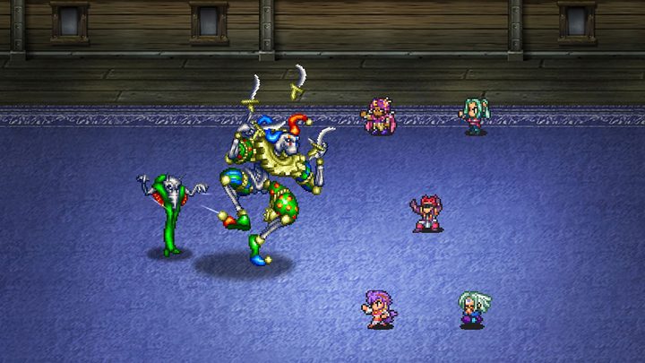 An RPG party fights a clown horse in Romancing Saga 2.