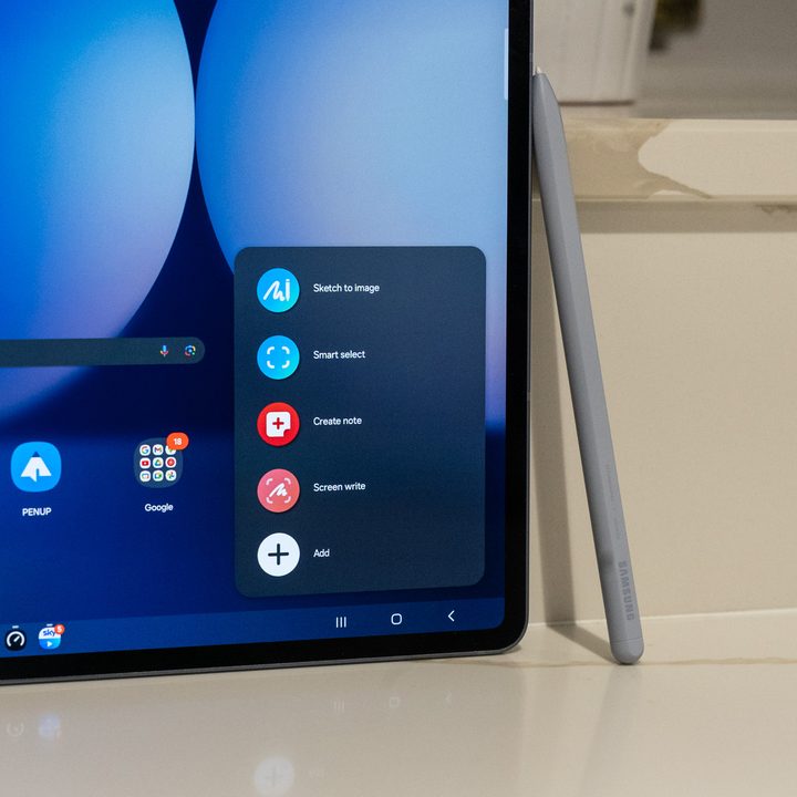 The S Pen and pop-up menu showing quick actions on the Galaxy Tab S10 Ultra.