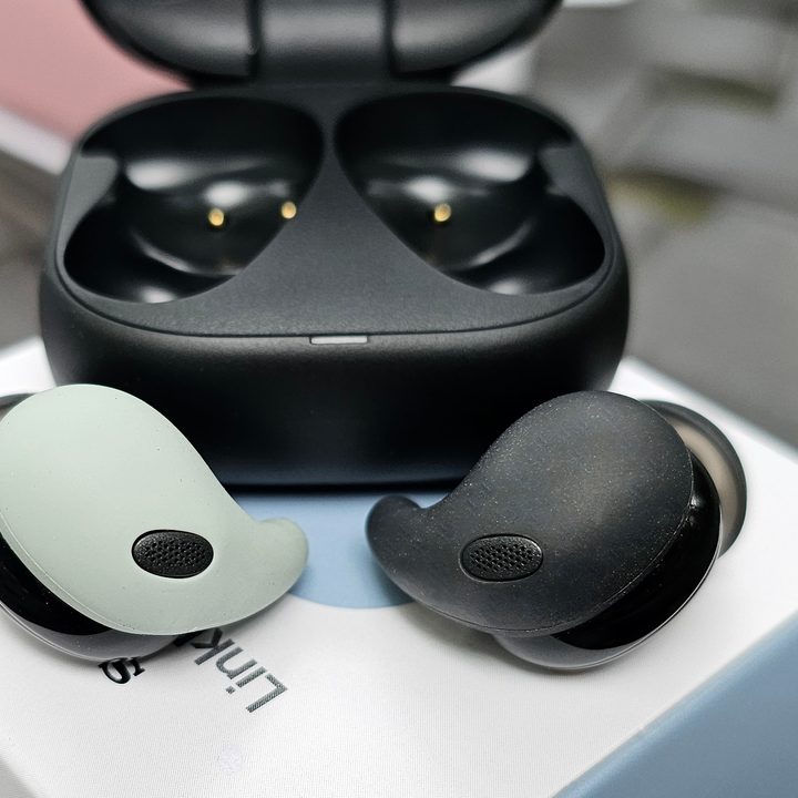Sony LinkBuds Fit, seen with one earbud fitted with optional cover.