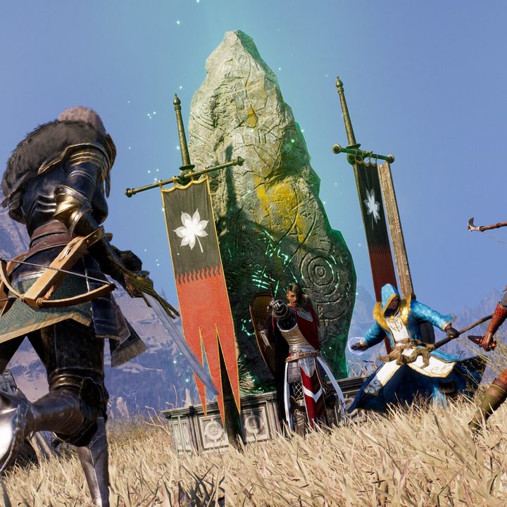Knights fighting near a glowing rock in Throne and Liberty.