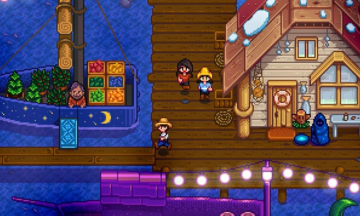 Three Stardew Valley players visiting the Night Market.