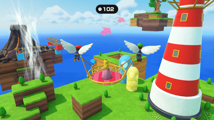 Mario and Luigi fly in Super Mario Party Jamboree.